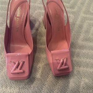 Louis Vuitton Pink Patent Leather Square-Toe Slingback Heels